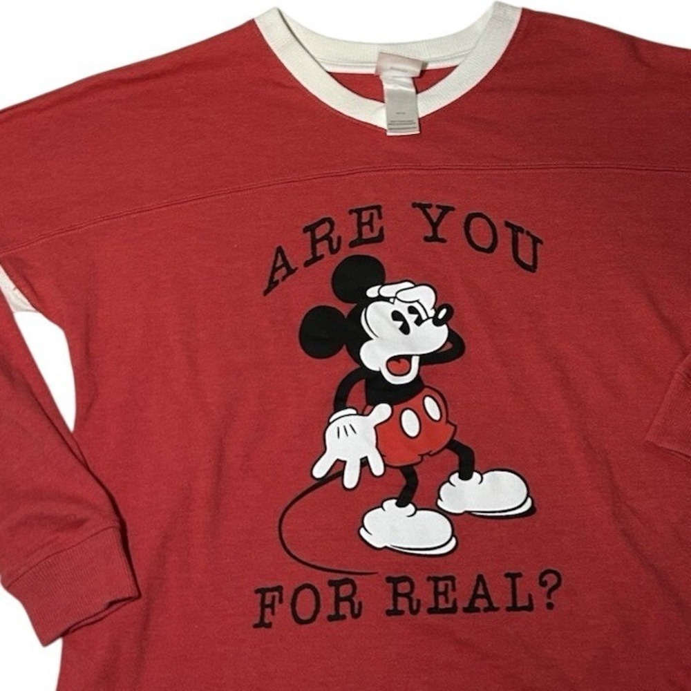 Disney Mickey Mouse Are You For Real V-Neck Sweatshirt Womens Medium Heather Red